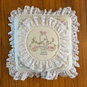 VTG Embroidered Floral Basket Lace Ruffle Decorative Throw Pillow Cottagecore